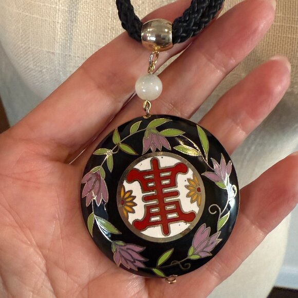 Cloisonne Lotus Blossom Necklace on Cord - Picture 5 of 7